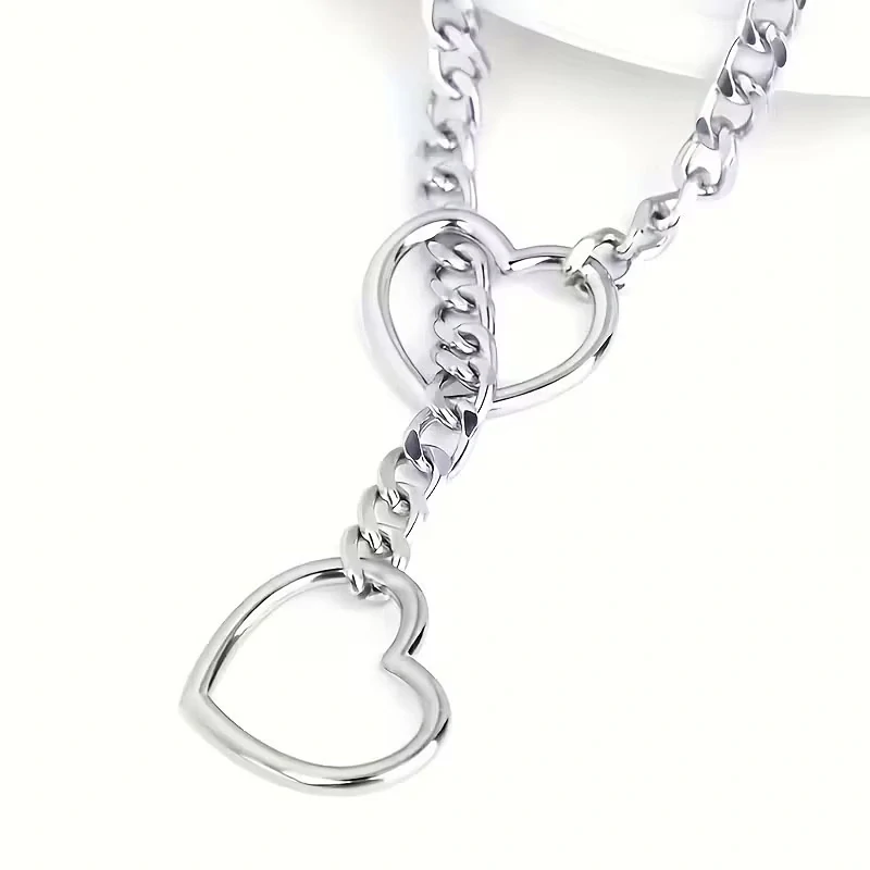 Náhrdelníkový obojek s vodítkem a dvěma srdci - stříbrný