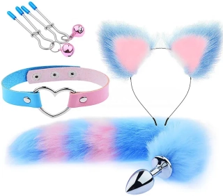 Roleplay sada anální kolík s ocáskem, ouškami, obojkem a svorkami na bradavky