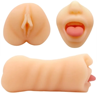 Oboustranný masturbátor pro muže - umělá vagína a ústa s jazýčkem