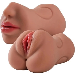 Oboustranný masturbátor pro muže 3v1 s umělou vagínou, análem a orálem - černoška